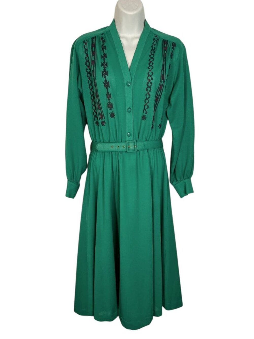 Vintage 70s Penny LeRoy Block Printed Dress Belted Knee Length Green Medium